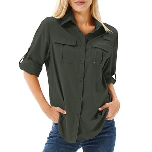 Image of Winebox Women's UPF 50 Shirts Long Sleeve Sun Protection UV Quick Dry Casual Outdoor Safari Walking Fishing Hiking Travel Shirts(Army Green-s)