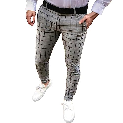 Image of Mens Checked Trousers Slim Fit Tapered Leg Plaid Dress Pants Fashion Straight Leg Business Casual Bottoms Stretch Office Work Daily Smart Slacks with Pockets B-Grey L