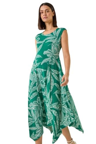 Image of Roman Hanky Hem Swing Dress with Pockets for Women UK Ladies Asymmetric Hemline Stretch Jersey 3/4 Sleeve Winter Smart Casual Work Office Knee Length Tunics - Leaf Puff Green - Size 16
