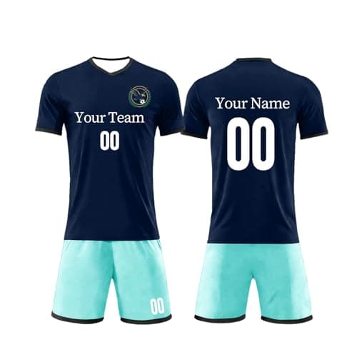 Image of Personalised Football Kits Mens Football Shirt with Number Name Printing Logo Custom Team Jersey & Shorts Set for Men Training Shirts Customisable Sports Kits Customised Football Kit Navy L