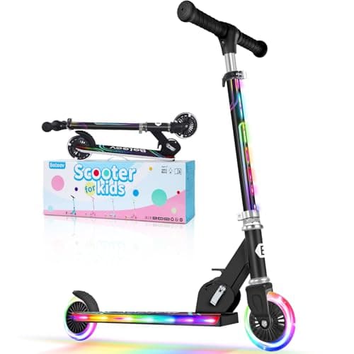 Image of BELEEV V2 Scooters for Kids with Light-Up Wheels & Stem & Deck, 2 Wheel Folding Scooter for Girls Boys, 3 Adjustable Height, Non-Slip Pattern Deck, Kick Scooter for Children Ages 3-12(Black)