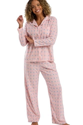 Image of Indigo Sky Womens Tia Soft Fleece Revere Collar Button Front Pyjama Set - Warm Printed Fleece Loungewear Set with Classic Pyjama Top & Cosy Full Length Pants, Pink, 8-10