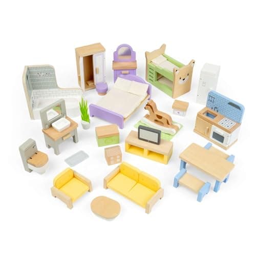 Image of Bigjigs Toys Dolls House Furniture Set | Kids Wooden Doll House Accessories | 31 Pcs Pack of Dollhouse Figures | Toy Living Room, Bathroom, Kitchen & 2 Bedroom Sets | Playset for 3+ Year Old Children