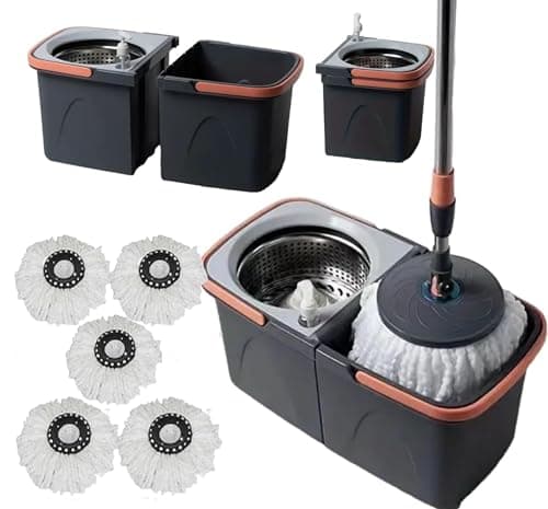 Image of *NEW* SWISSPACK Revolving Spin Mop and Bucket With .5. Extra Pads Perfect For Easy Cleaning. Clean and Dirty Water Separtered For Perfect Finish (ORANGE-GREY) (ORANGE-GREY 2)