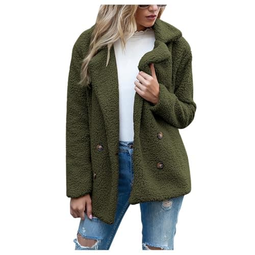 Image of Ladies Cozy Winter Warm Cardigans with Buttons Casual Chunky Fleece Jacket Cardigan Hoodies Oversized Ladies Teddy Lapel Plush Faux Fur Coats Dark Green 3XL