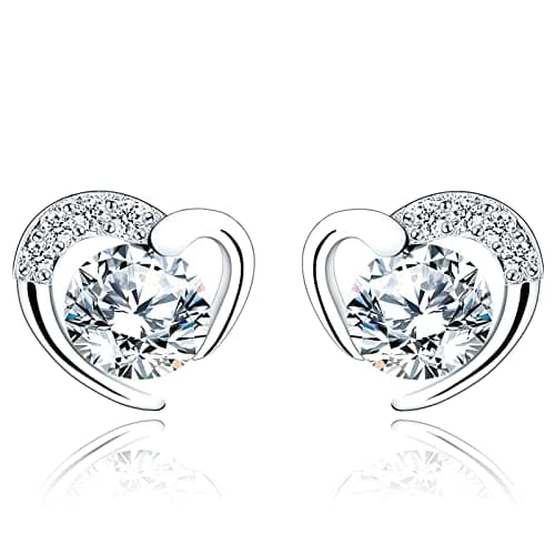 Image of Silver Stud Earrings for Women, Stud Earrings White Gold Cubic Zirconia Heart Stud│Dainty Earrings Jewellery Gift for Girls