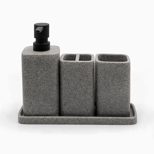 Image of zccz Bathroom Accessory Set - 4 Piece Organiser with Toothbrush Holder, Soap Dispenser, Tumbler and Tray - Grey Matte Accessories