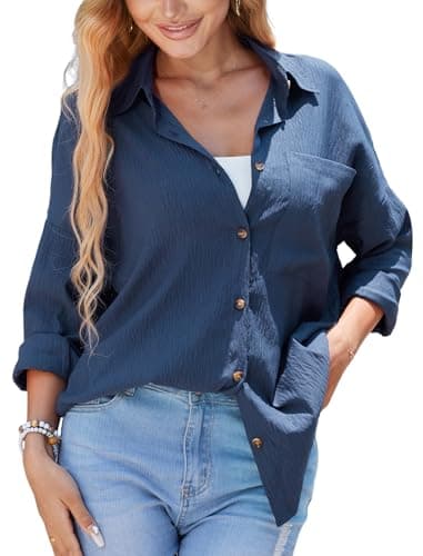 Image of Stamain Navy Blue Shirts for Women Long Sleeve Ladies Button Down Blouse Summer Casual Cotton Polyester Blouses & Shirts for Office Work Beach Holiday S