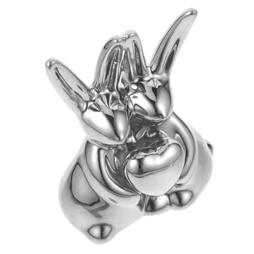 Image of EXAOMBLE Creative Artistic Bunny Sculpture Silver Ceramic Rabbit Statue with Unique Design, Indoor Ornament for Home and Bedroom Decoration for Easter Or Everyday Display
