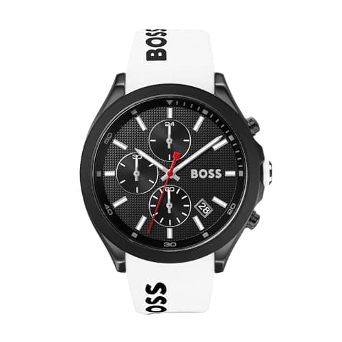 Image of BOSS Men's 44mm Chronograph Quartz Watch Velocity Collection with Black Textured Dial, White Silicone Strap, Date Function, 3 Sub-Dials, 5ATM Water Resistant - 1513718