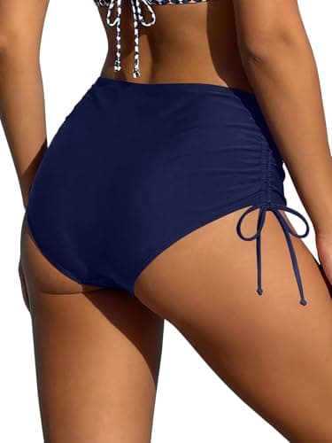 Image of SHEKINI Women's High Waisted Bikini Bottoms Tummy Control Ruched Swimsuit Bottom Side Tie Bathing Suit Swimwear Dark Blue