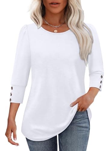 Image of Aokosor Ladies Tops for Womens 3/4 Sleeve Tops Ladies Blouses Crew Neck Puff Sleeve Tunic Fashion T Shirt Button Sleeve White Size 14-16
