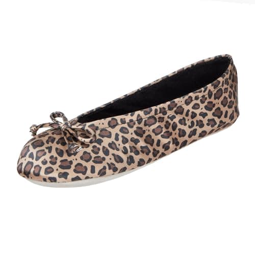 Image of isotoner Women's Satin Ballerina Slipper, Suede Sole, Cheetah Soft Tie Bow, 6/7 UK