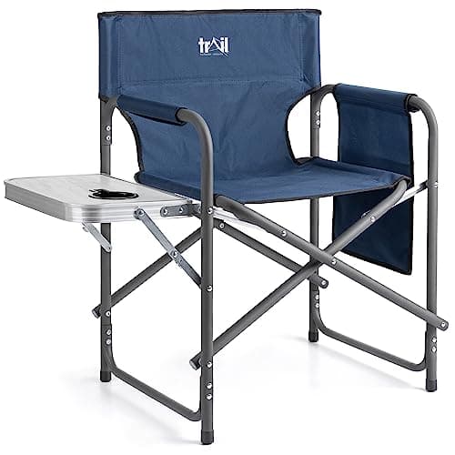 Image of Trail Folding Directors Chair With Side Table, Cup Holder, Storage Pocket, Outdoor Camping Garden Seat, Storage Pocket, Padded Armrests, Heavy Duty Steel Frame,120kg Capacity (Blue)