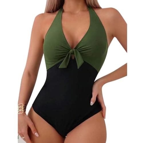Image of Risipu Women's Tummy Control Swimsuit One Piece Slimming Ruched Push Up Bathing Suit Vintage Padded Retro V Neck Swimwear (UK, Alpha, XL, Regular, Regular, Green)