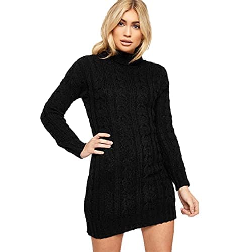 Image of STAR FASHION Ladies Chunky Cable Knitted Polo Neck Ribbed Jumper Womens High Neck Tops Pullover Knitwear Warm Sweater Dress Winter Cardigan Plus Size UK 8-26 Black