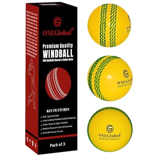 Image of ONEGlobal Premium Windball Soft Cricket Ball | Durable & Safe, Colour Seam, True Bounce & Swing | Wind Ball for Outdoor & Indoor Practice, Coaching, Garden & Beach Games (3-Yellow)