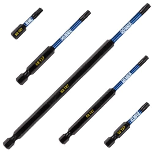 Image of 5 x Rennie Tools T27 TX27 Impact Screwdriver Driver Bits Set x 32mm/50mm/75mm/100mm/150mm Long. Heavy Duty Magnetic Torx Screwdriver Bit Set. Oxide Coated Torx Impact Driver Bits.