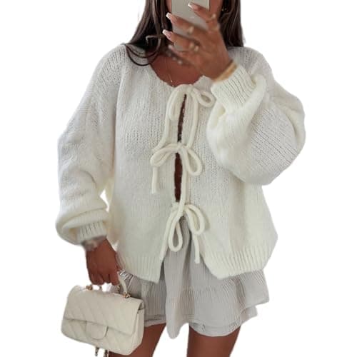 Image of Womens Tie Front Cardigan Sweaters Cute Bow Puff Long Sleeve 2024 Fall Loose Ribbed Knit Trendy Sweater Tops (White, L)