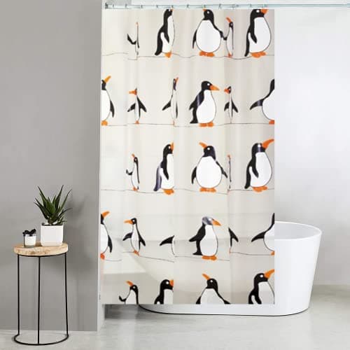 Image of Blue Canyon Penguin Printed Shower Curtains | 100% Peva Shower Curtain | Anti-Bacterial Surface Treatment | Water Repellent| Weighted Hem | 180 X 180cm | 12 Reinforced Eyelets with Hooks (Penguin)