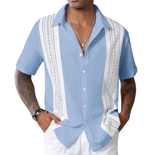Image of CTU Mens Bowling Shirts Short Sleeve Vintage Printed Shirt Button Down Hawaiian Holiday Shirts for Men Blue L