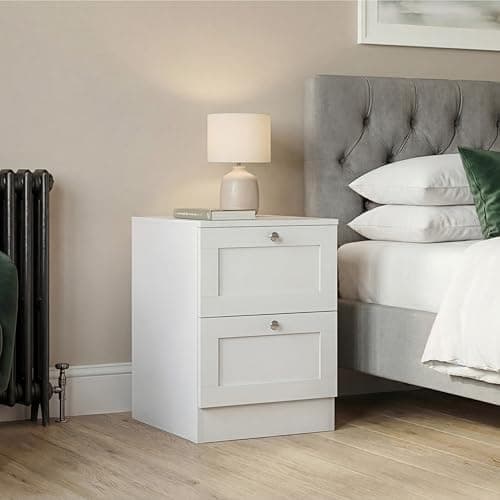 Image of Vida Designs Altino 2 Drawer Bedside | White | 53H x 40W x 36D cm | Compact Space-Saving Nightstand | Engineered Wood | Smooth Glide Drawer | Modern Shaker Style | Ideal for Bedroom, Guest Room