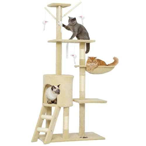 Image of PawHut Cat Tree, 134cm Cat Scratching Post, Multi-Level Kitty Stable Climbing Tower with Ladder, House, Hammock, Indoor Large Pet Activity Furniture Play House for Kitty Kitten, Beige