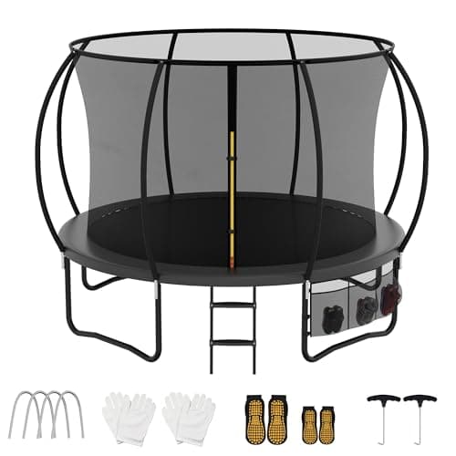 Image of AWEV Trampoline 10ft, Outdoor Large Trampolines with Safety Enclosure Net, Non-Slip Ladder & Shoes Organiser for Kids & Adults, Exercise & Fitness, Maximum Load 150kg, Black