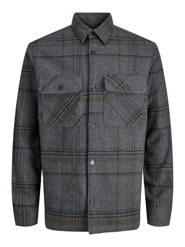 Image of JACK & JONES Jprrayle Melange Check L/S Overshirt Sn, Dark Grey, XXL