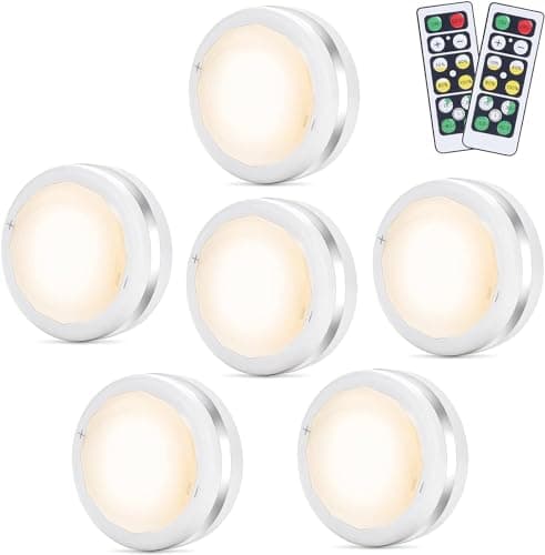 Image of Bawoo Under Cabinet Lights, Wireless LED Puck Lights Remote Control, 4000K Natural White Brightness Dimmable Battery Powered Touch Closet Cupboard Kitchen Wardrobe Lights, 6 Pack (White)