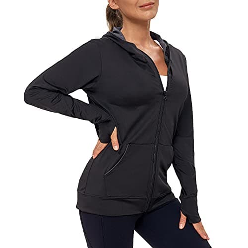 Image of AMZSPORT Women's Running Jacket Long Sleeve Sports Gym Hoodies Fitness Yoga Top with Thumbholes and Pockets, Black XL