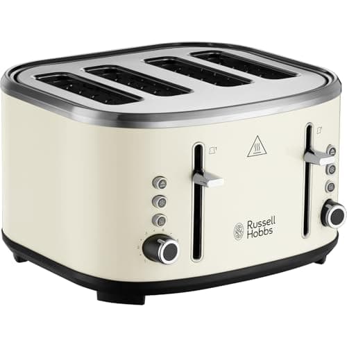 Image of Russell Hobbs 4 Slice Toaster (Independent & Extra wide slots, 6 Browning levels, Frozen, cancel & reheat features with blue indicator light, removable crumb tray, Cream) Stylevia 26291