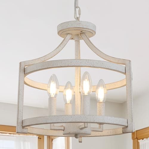 Image of KMaiPem 4-Light Antique White Chandelier, Vintage Metal Pendant Light Convertible Ceiling Lights Living Room, Rustic Farmhouse Chandeliers Ceiling Light for Kitchen Dining Room Bedroom Hallway