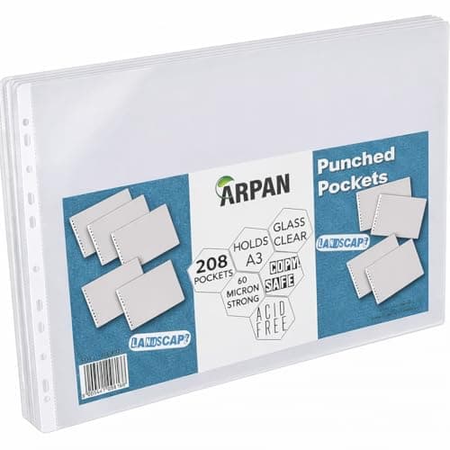 Image of A3 Poly Pockets Landscape – Glass Clear Plastic Wallets for A3 Ring Binder Landscape, Acid-Free 60 Micron Plastic Sleeves for Artwork, Book Covers Plastic Clear, Wallets for Documents (Pack of 208)