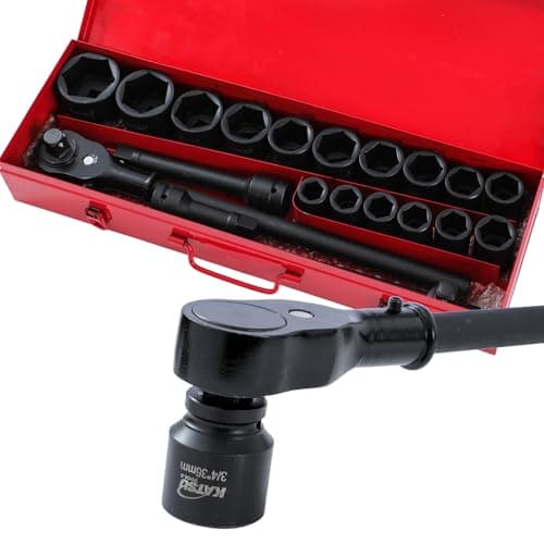 Image of KATSU Tools 21-Piece Heavy Duty Impact Socket Set 3/4" Drive 6-Point 19-50mm Metric Deep Impact Sockets with 24-Teeth Quick Release Ratchet Wrench, in Steel Case 420463