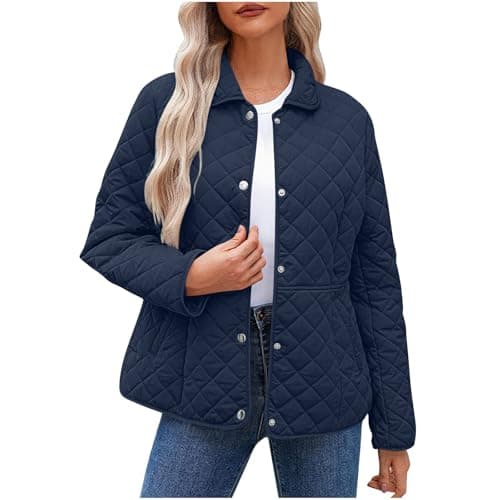 Image of Keepink Coats for Women UK Winter Quilted Jackets Long Sleeve Button Down Diamond Puffer Jacket Solid Casual Bomber Outerwear Lightweight Warm Coat with Pockets Relaxed Fit Trendy Down Coats