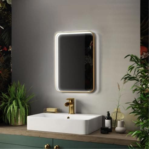 Image of Pebble Grey Brushed Brass Illuminated Bathroom Mirror with LED Lights 390x500mm IP44 Rated - Luna Portrait Non Dimmable LED Bathroom Mirrors with Lights,Demister Pad,& Touch Sensor, Deep Framed