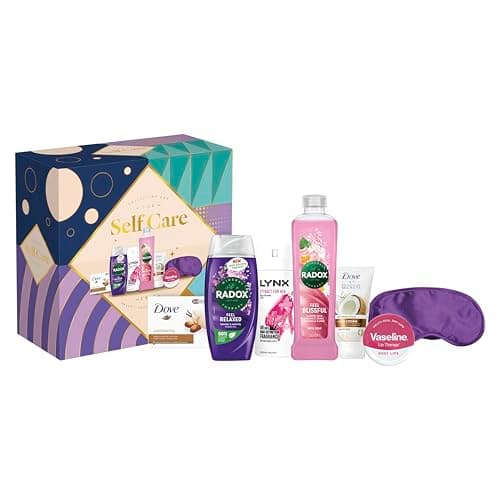 Image of Radox, Lynx, Dove & Vaseline Self Care Collection Box 6 piece Gift Set with an Eye Mask, Body Wash, Bath Soak, Hand Cream, Lip Balm, Beauty Bar and Body Spray Deodorant
