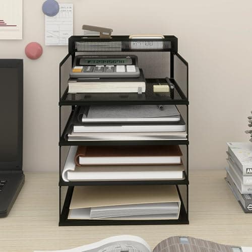Image of PUNCIA 4-Tier Lengthways Desk Organiser Stackble Metal Mesh Paper Tray A4 Letter File Sorter Desktop Document Magazine Holder Storage Rack for Home Office Study School Black