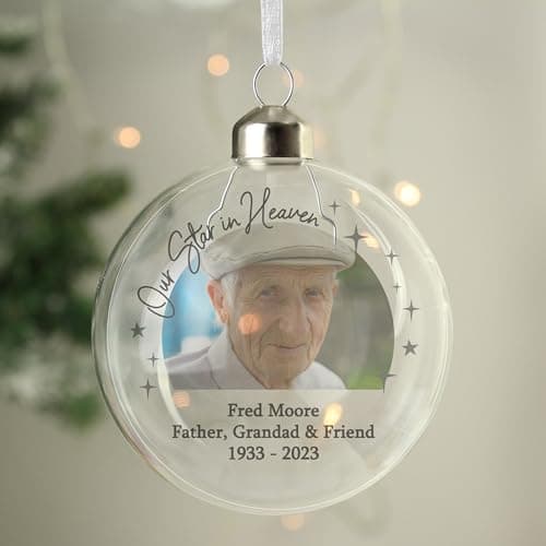 Image of Custom Personalised Photo Upload Memorial Glass Christmas Tree Bauble with any photo or message. Perfect for Christmas or memorial