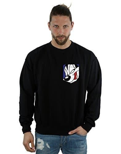 Image of LOONEY TUNES Men's Pepe Le Pew Face Faux Pocket Sweatshirt Large Black