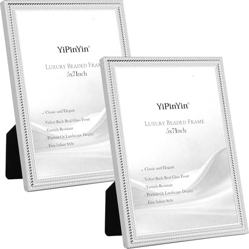 Image of Classy Silver Plated 5x7'' Picture Frame 2 Pack,7x5'' Beaded Metal photo Frames with Real Glass & Velvet Backing,Hi End Classy Silver Frame 7x5'' for Tabletop Display or Wall Mounting