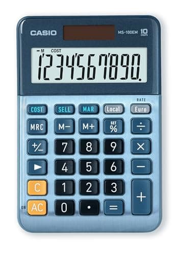 Image of CASIO MS-100EM Desktop Calculator 10 Digit Currency Conversion Cost/Sell/Margin, Aluminium Front, Solar/Battery Operated, blue