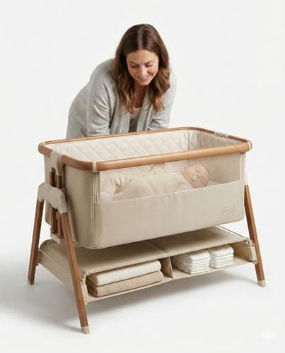 Image of Venture Sona Next To Me Crib – Adjustable Baby Bed with Dropside, Premium Mattress, Breathable Mesh & Storage Shelf - No-Tool Assembly Bedside Baby Crib, Bassinet for Newborns 0–6 Months - Beige