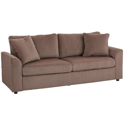 Image of HOMCOM Modern 3 Seater Sofa with Spring Cushion, 212 cm Fabric Jumbo Cord Sofa Couch with 2 Scatter Cushions, Upholstered Corduroy Settee for Living Room, Bedroom, Home Office, Coffee