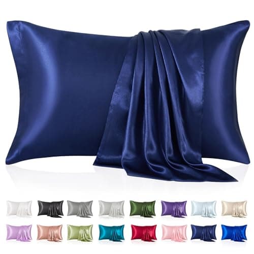 Image of Silk Like Satin Pillowcase Standard Size, Navy Blue Smooth and Cooling Satin-Silk Pillow Cases for Hair and Skin with Envelope Closure, Gift for Women Men, 2 Pack (20x26, Navy Blu)