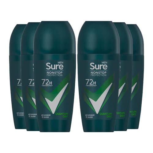 Image of Sure Antiperspirant 72H Nonstop Sweat and Odour Protection Alcohol-Free Roll On with Citrusy, Spicy and Woody Scent Multi Fragrance Deodorant for Men, 50ml Pack of 6 (Quantum Dry)