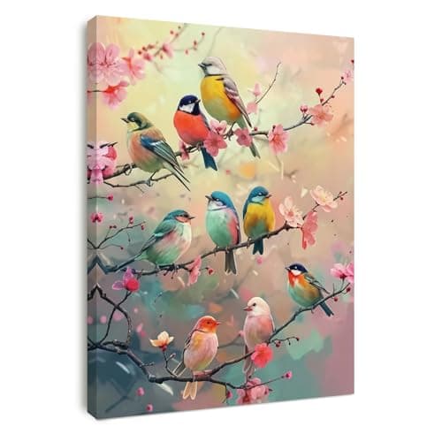 Image of Alptiny Floral Canvas Wall Art - Colorful Birds on Blossom Branch, Beautiful Artwork for Living Room, Bedroom, and Hallway, Canvas Wall Decor for Home