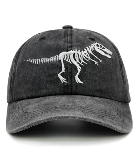 Image of Boys' Skull Dinosaur Hat, Embroidered Dino Washed Adjustable Baseball Cap for Kids Age 2-11, Black
