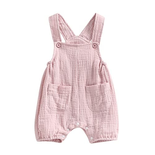 Image of Himllauen Baby Infant Boys Girls Summer Casual Romper Solid Color Sleeveless Cotton Overalls with Pockets Baby Boy Girl Cute Suspender Jumpsuit (Pink, 6-12 Months)